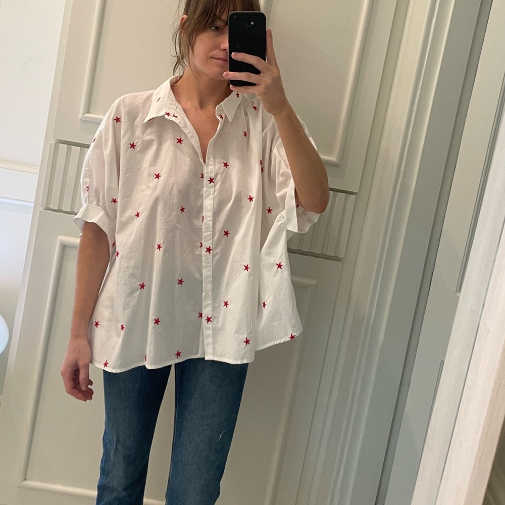 Day + Moon white button down top with red embroidered stars